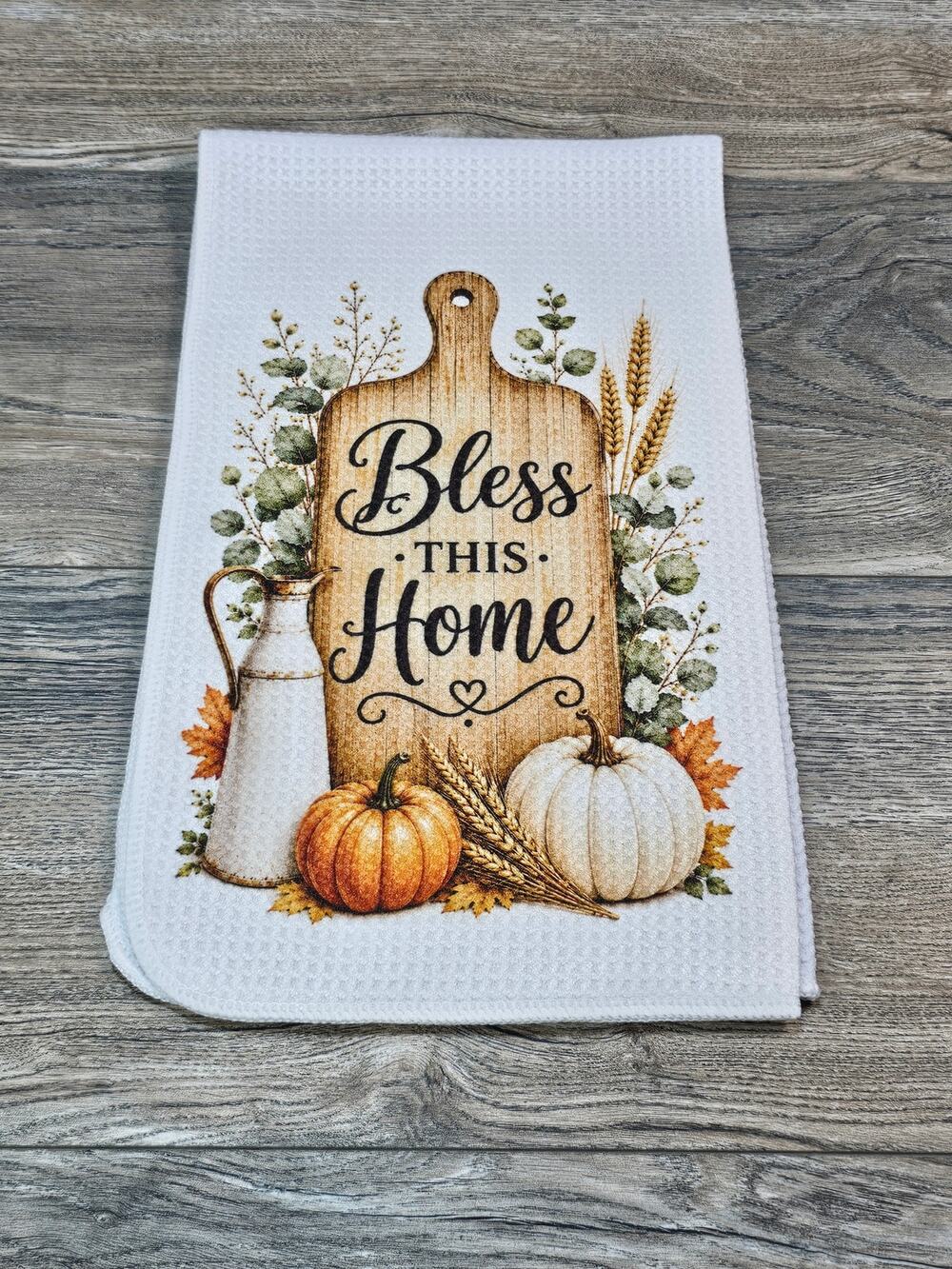 Bless This Home Fall Pumpkin Kitchen Towel Farmhouse Thanksgiving Decor